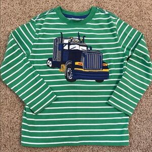 Hanna Andersson Green and White Striped Long Sleeve Tee with Truck Appliqué